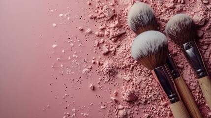 Three brushes lie on pink powder, highlighting beauty artistry and creativity
