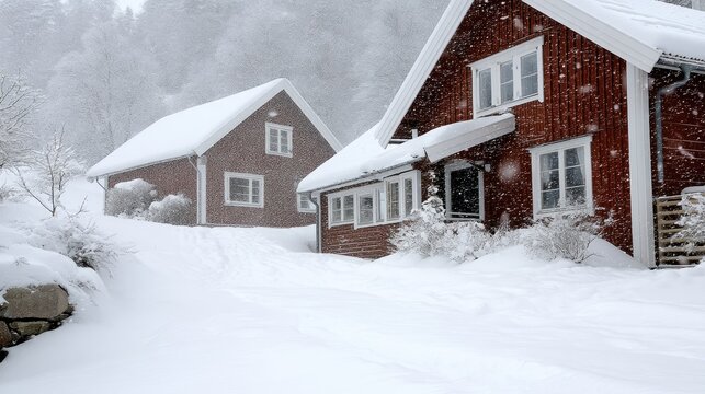 A cozy red house glows with warmth as snow blankets the landscape during a peaceful winter evening, creating a serene atmosphere