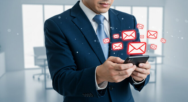 Professional businessman diligently managing email communications on his smartphone in a modern office environment