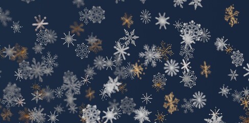 Decorative seamless pattern of snowflakes in white and gold against a dark blue background. Perfect for winter holidays and festive d