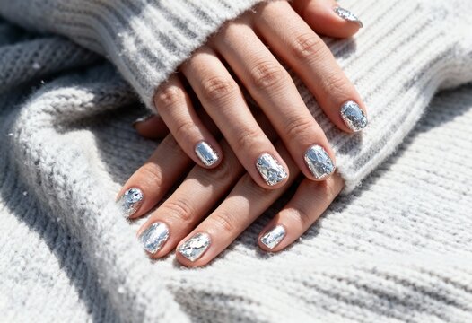 Woman's hands with a silver foil manicure on a cozy winter sweater. Trendy metallic Christmas nail art idea for the holiday season