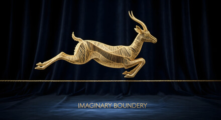 An elegant golden gazelle sculpture leaping over an imaginary boundary line, a powerful concept of freedom, ambition, and achievement