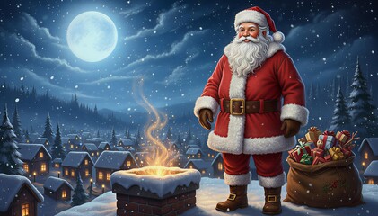 Santa claus stand on the roof top   with gifts 