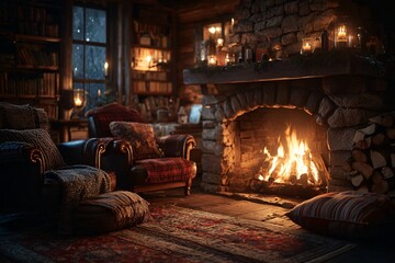Cozy armchairs by a warm fireplace in a log cabin