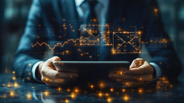 A person in a suit engages with a tablet, immersed in digital analytics and market trends