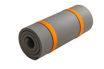 Rolled fitness exercise mat with textured surface and orange straps isolated on clean background showing portable gym equipment for yoga training workouts pilates stretching and home fitness routines