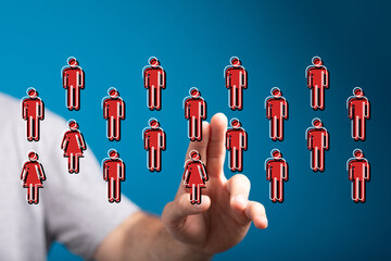 Concept of digital networking, connection, and social interaction with human icons and hand gesture