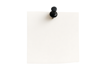 White blank note paper with black push pin isolated on transparent background for message reminder office memo school stationery and minimalist design concept mockup