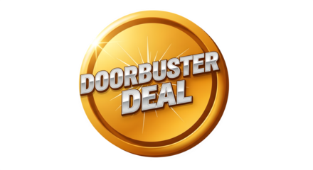 Gold circular sign with text doorbuster deal isolated on transparent background
