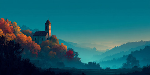 Golden autumn landscape with a softly illuminated church silhouette