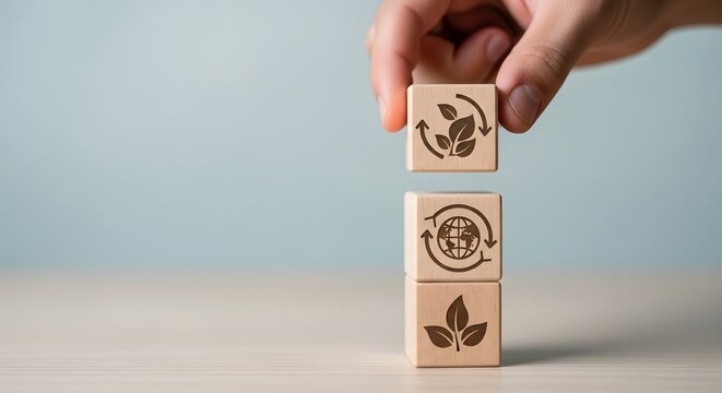Hand stacking wooden blocks with environmental recycling and leaf symbols