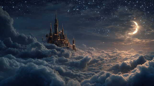 Floating kingdom hidden in moonlit clouds sparkling with stars - Powered by Adobe