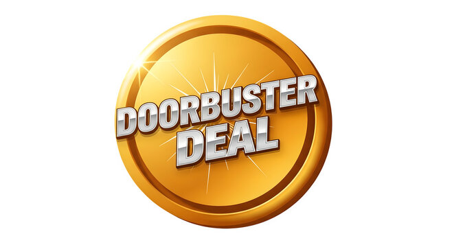Gold circular sign with text doorbuster deal isolated on transparent background