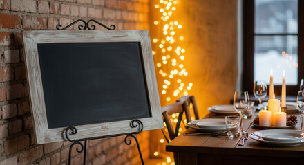 Blank chalkboard beside candlelit holiday dinner table indoors