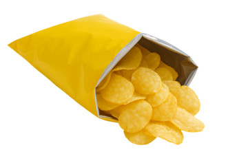 Open yellow potato chips bag isolated on black background showing crispy snack food concept symbolizing taste crunch fast food and leisure snacking moment in modern lifestyle