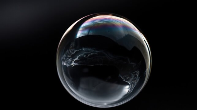 Captivating iridescent soap bubble floats mysteriously against a deep black background, showcasing ethereal rainbow hues and internal reflections. - Powered by Adobe