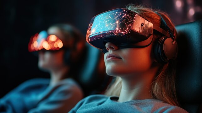 Two women are fully engaged in a shared virtual reality experience, showcasing the merging of technology and social interaction in an immersive digital environment filled with creativity.