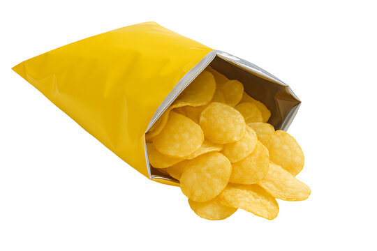 Open yellow potato chips bag isolated on black background showing crispy snack food concept symbolizing taste crunch fast food and leisure snacking moment in modern lifestyle