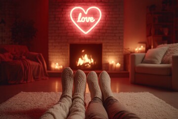 Couple relaxing by the fireplace on valentine's day