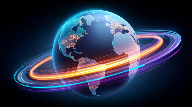 Futuristic Digital Earth with Glowing Data Rings - Powered by Adobe
