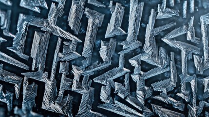 Stunning macro view reveals intricate geometric ice crystal patterns forming delicate frosty fractals on a dark, cool surface.