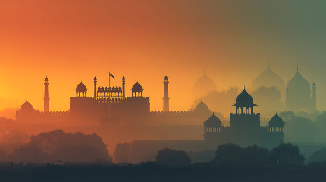 Silhouettes of Indian Monuments Red Fort, Taj Mahal, and Gateway of India on Sunset Background