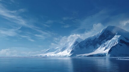 Majestic icy mountains rise above calm blue waters. The scene captures the serene beauty of nature in a chilly, tranquil environment. Perfect for travel and landscape themed projects. AI