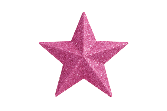 Shiny pink glitter star decoration with shimmering sparkles isolated against a clean neutral gray studio background for copy space