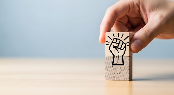 Hand holding wooden block with raised fist symbol of strength and power - Powered by Adobe