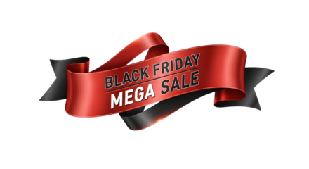 Black friday mega sale banner with red ribbon and black accents, isolated on transparent background