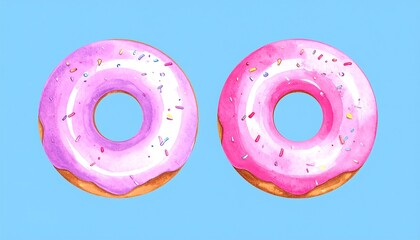 Two delicious donuts with pink frosting and sprinkles.