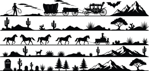 Wild, west, cowboy, silhouette, horse, wagon, stagecoach, cactus, desert, mountain, graveyard, landscape, western, frontier, vintage, culture, illustration, black, vector, design