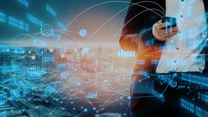 A businessman dressed in a suit engages with a smartphone against a vibrant city skyline, integrating digital data visuals and trends in finance and technology. Xenic - Powered by Adobe