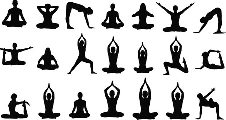 Yoga poses silhouettes, meditation exercise illustration, fitness stretching vector, healthy lifestyle design, balance flexibility training, wellness concept, spiritual practice artwork