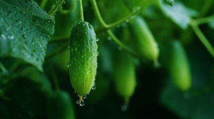 Close up of fresh green cucumbers glistening with dew. The vibrant greenery showcases the beauty of nature. Ideal for culinary or gardening themes. Healthy and refreshing. AI
