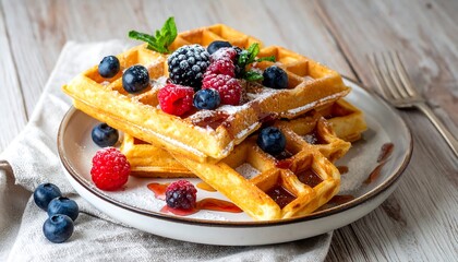 Delicious waffles with fresh berries and maple syrup on a plate.