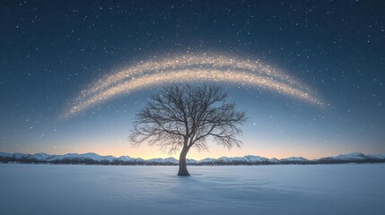 Solitary tree stands in snow as a vibrant starry arc lights up the dusk sky