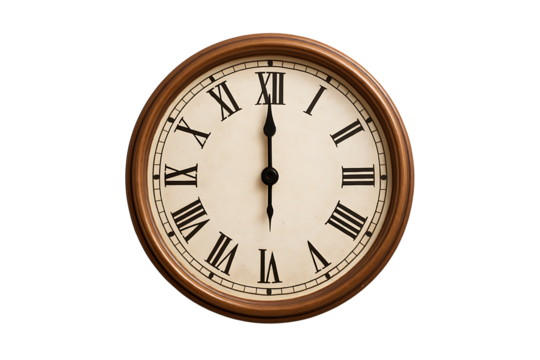 Vintage wall clock with roman numerals isolated on black background antique timepiece design symbol of time history punctuality craftsmanship and traditional interior decor