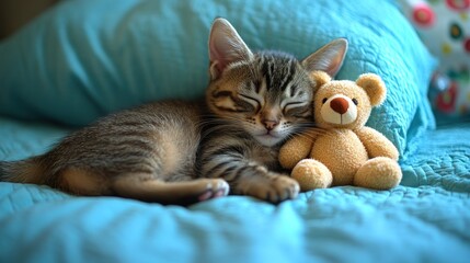 A sleepy kitten rests soundly beside a soft teddy bear on a vibrant blue bedspread