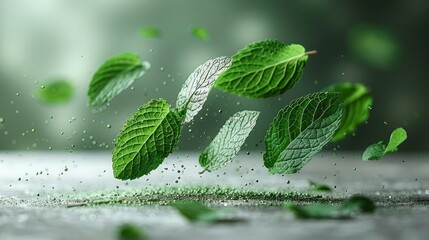 Mint leaves float elegantly, displaying their vibrant green hue and textures