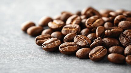 Roasted coffee beans rest on gray stone, inviting coffee lovers to enjoy a fresh brew