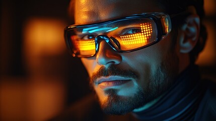 A man in stylish glasses lights up the dark with a vibrant glow of innovation