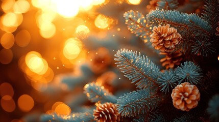 Golden sunlight creates a magical atmosphere around pine branches and cones