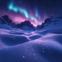 Colorful auroras illuminate the serene snowy landscape under a starry sky