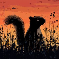 A small squirrel pauses in a tall grass field at sunset, silhouetted against vivid colors