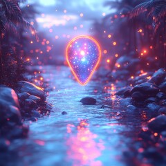 A vibrant gem glows above a serene river, reflecting the magic of a twilight landscape