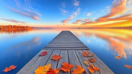 Golden light reflects off the lake at dusk while autumn leaves rest on the pier