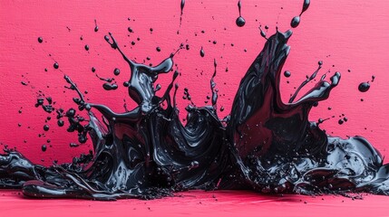 Black paint splashes on a bright pink background, highlighting motion and creativity