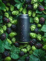 A black can rests among green hops and dark blackberries, highlighting flavor