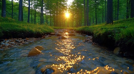 Sunlight shines through branches, brightening a peaceful morning stream